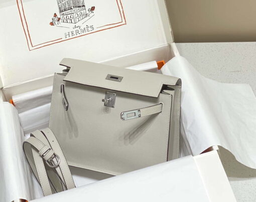 Replica Hermes Evercolor Kelly Danse II 22cm Leather Crossbody Bag H20373 Light Gray Silver 2