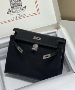 Replica Hermes Evercolor Kelly Danse II 22cm Leather Crossbody Bag H20371 Black Silver 2