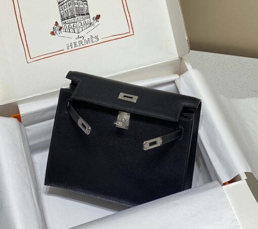 Replica Hermes Evercolor Kelly Danse II 22cm Leather Crossbody Bag H20371 Black Silver 2