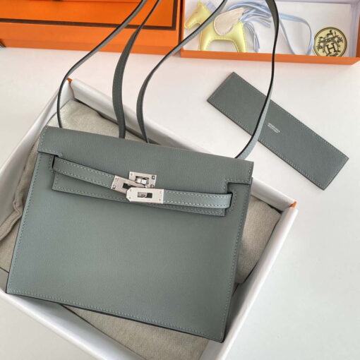 Replica Hermes Evercolor Kelly Danse II 22cm Leather Crossbody Bag H20369 Gray Silver 3