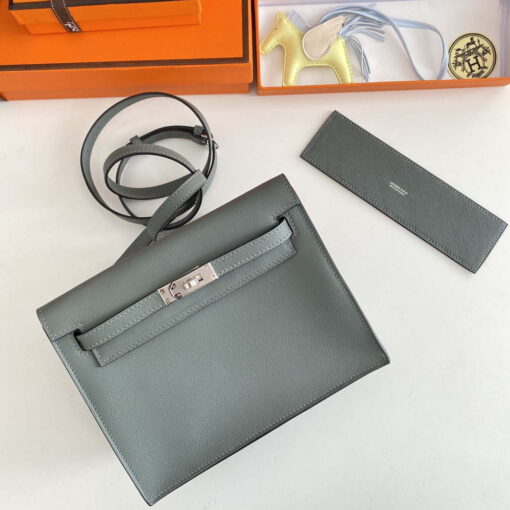 Replica Hermes Evercolor Kelly Danse II 22cm Leather Crossbody Bag H20369 Gray Silver 5