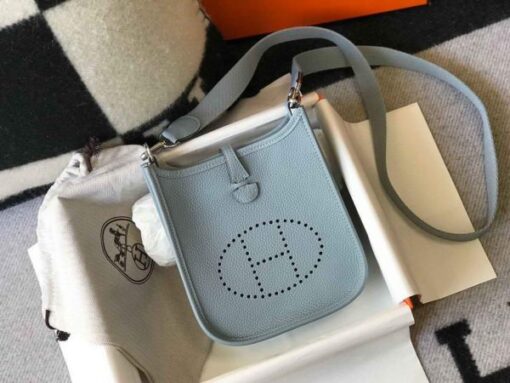 Replica Hermes Evelyne Bag Hermes Mini Crossbody Bag 20409 Silver Buckle Light Blue 2