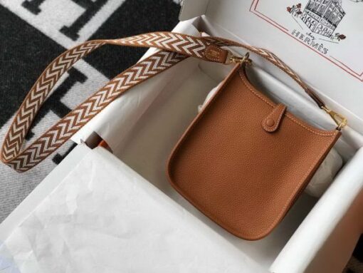 Replica Hermes Evelyne Bag Designer Hermes Mini Crossbody Bag 20386 Gold Buckle Tan 2