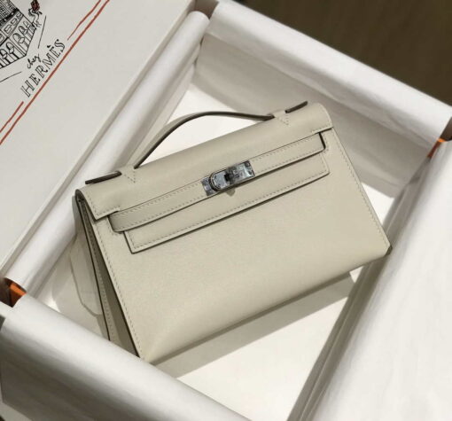 Replica Hermes Mini Kelly Pouchette Swift Leather clutch bag Silver H230255 2