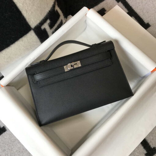 Replica Hermes Mini Kelly Pouchette Epsom Leather H230240 Black Silver 3