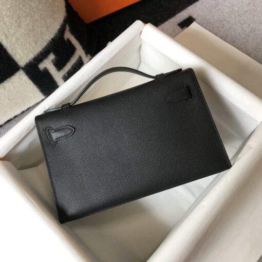 Replica Hermes Mini Kelly Pouchette Epsom Leather H230240 Black Silver 4