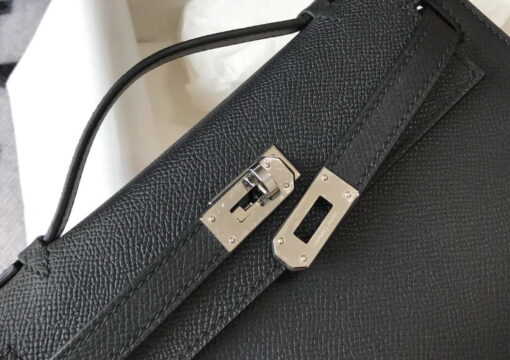 Replica Hermes Mini Kelly Pouchette Epsom Leather H230240 Black Silver 6