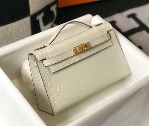 Replica Hermes Mini Kelly Pouchette Crocodile Leather H230239 White 3