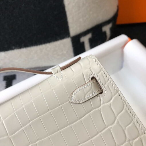 Replica Hermes Mini Kelly Pouchette Crocodile Leather H230239 White 5