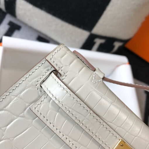 Replica Hermes Mini Kelly Pouchette Crocodile Leather H230239 White 6