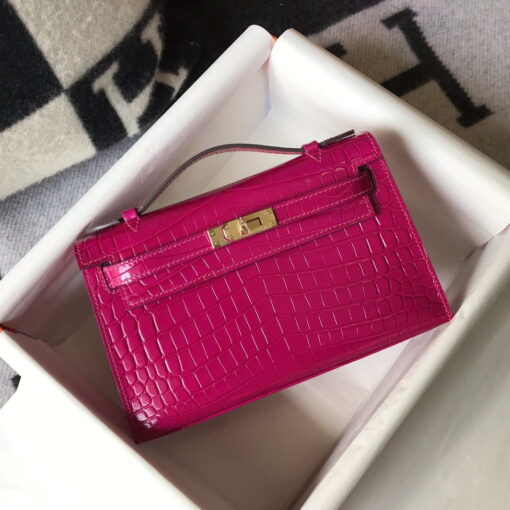 Replica Hermes Mini Kelly Pouchette Crocodile Leather H230236 Rose Red 2