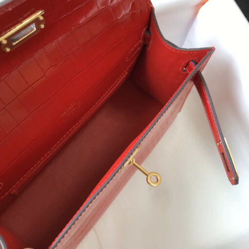 Replica Hermes Mini Kelly Pouchette Crocodile Leather H230235 Red 7