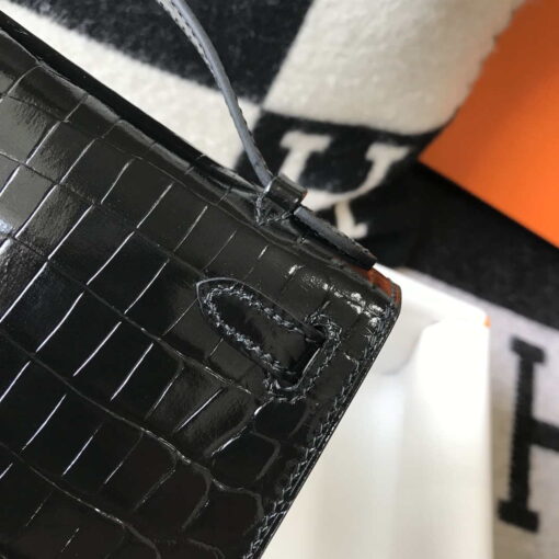 Replica Hermes Mini Kelly Pouchette Crocodile Leather H230234 Black 5