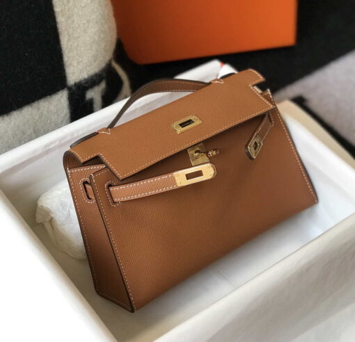 Replica Hermes Mini Kelly Pouchette H230223 Epsom Leather Brown 2