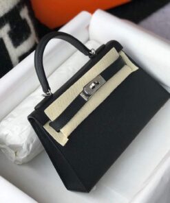 Replica Hermes Kelly Bag Hermes 19CM Epsom Shoulder Mini Bag Black Silver buckle 20456 2