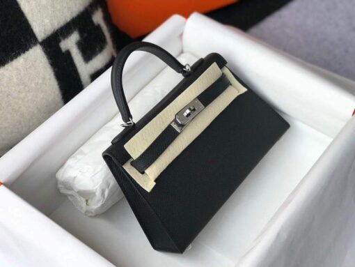 Replica Hermes Kelly Bag Hermes 19CM Epsom Shoulder Mini Bag Black Silver buckle 20456 2