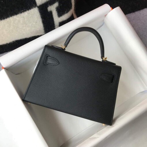 Replica Hermes Kelly Bag Hermes 19CM Epsom Shoulder Mini Bag Black Gold buckle 20455