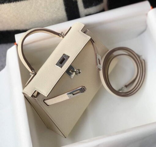 Replica Hermes Kelly Bag Hermes 19CM Epsom Shoulder Mini Bag Beige Silver buckle 20457 4