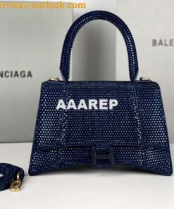 Replica Balenciaga 59283328 Hourglass Top Handle in Navy blue Suede Calfskin with Rhinestones