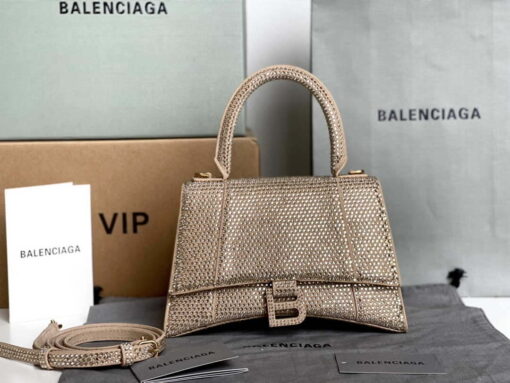 Replica Balenciaga 59283328 Hourglass Top Handle in Apricot Suede Calfskin with Rhinestones