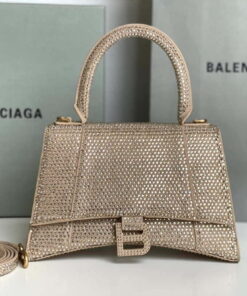 Replica Balenciaga 59283328 Hourglass Top Handle in Apricot Suede Calfskin with Rhinestones 2