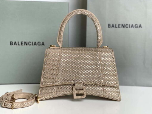 Replica Balenciaga 59283328 Hourglass Top Handle in Apricot Suede Calfskin with Rhinestones 2