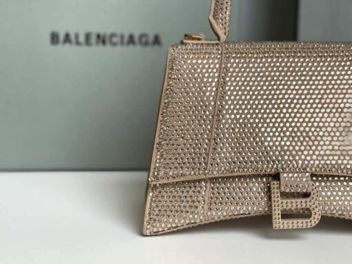 Replica Balenciaga 59283328 Hourglass Top Handle in Apricot Suede Calfskin with Rhinestones 4