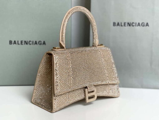 Replica Balenciaga 59283328 Hourglass Top Handle in Apricot Suede Calfskin with Rhinestones 7