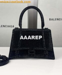 Replica Balenciaga 59283328 Hourglass Top Handle in Black Suede Calfskin with Rhinestones