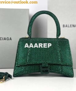 Replica Balenciaga 59283328 Hourglass Top Handle in Dark Green Suede Calfskin with Rhinestones