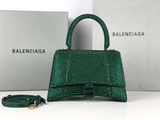 Replica Balenciaga 59283328 Hourglass Top Handle in Dark Green Suede Calfskin with Rhinestones