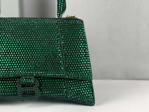 Replica Balenciaga 59283328 Hourglass Top Handle in Dark Green Suede Calfskin with Rhinestones 4