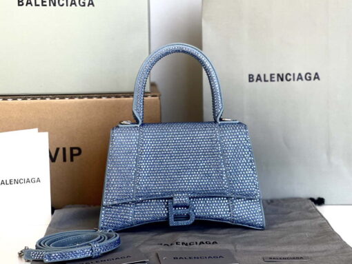 Replica Balenciaga 59283328 Hourglass Top Handle in Blue Suede Calfskin with Rhinestones