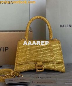 Replica Balenciaga 59283328 Hourglass Top Handle in Yellow Suede Calfskin with Rhinestones