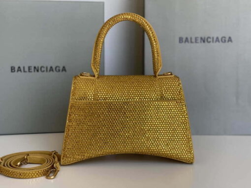 Replica Balenciaga 59283328 Hourglass Top Handle in Yellow Suede Calfskin with Rhinestones 3