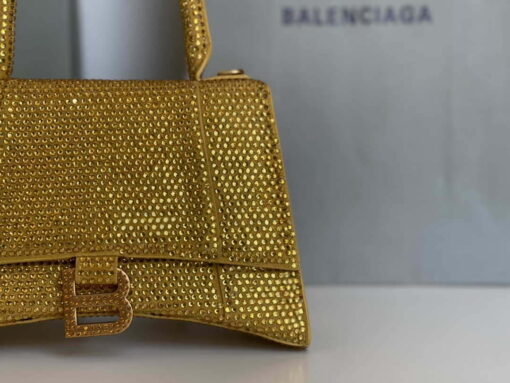 Replica Balenciaga 59283328 Hourglass Top Handle in Yellow Suede Calfskin with Rhinestones 6