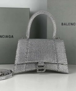 Replica Balenciaga 59283328 Hourglass Top Handle in Sliver Suede Calfskin with Rhinestones