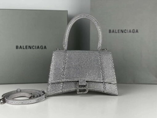 Replica Balenciaga 59283328 Hourglass Top Handle in Sliver Suede Calfskin with Rhinestones