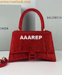 Replica Balenciaga 59283328 Hourglass Top Handle in Red Suede Calfskin with Rhinestones