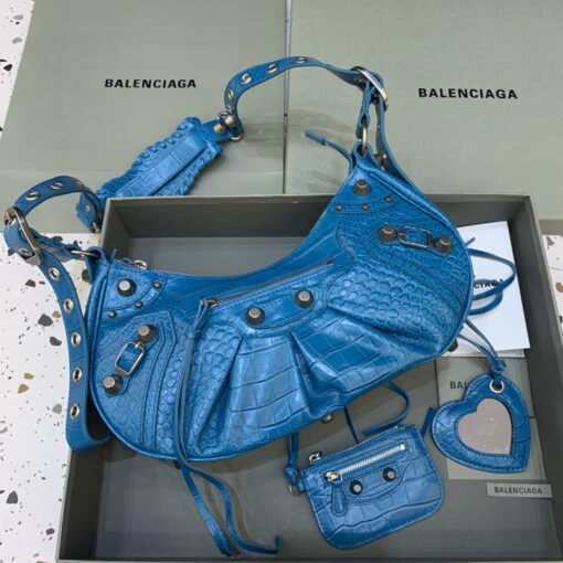 Replica Balenciaga 67130723 Women's Le Cagole Small Shoulder Bag Crocodile Embossed In Blue