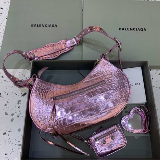 Replica Balenciaga 67130723 Women's Le Cagole Small Shoulder Bag Crocodile Embossed In Sky Pink 2