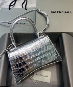 Replica Balenciaga 593546 Hourglass Small Top Handle Crocodile Bag Silver 2