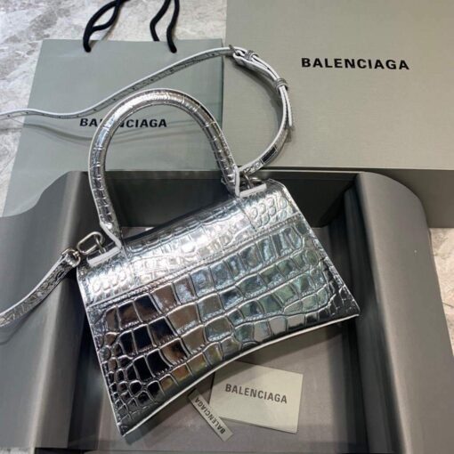 Replica Balenciaga 593546 Hourglass Small Top Handle Crocodile Bag Silver 2