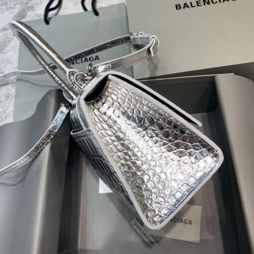 Replica Balenciaga 593546 Hourglass Small Top Handle Crocodile Bag Silver 3