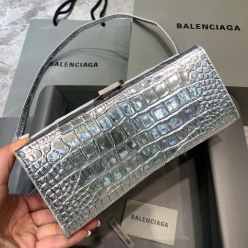 Replica Balenciaga 593546 Hourglass Small Top Handle Crocodile Bag Silver 4