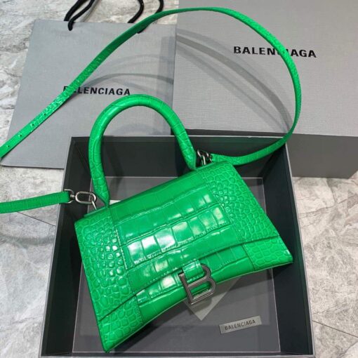 Replica Balenciaga 593546 Hourglass Small Top Handle Crocodile Bag Green Silver