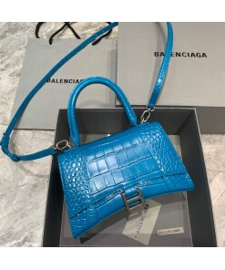 Replica Balenciaga 593546 Hourglass Small Top Handle Crocodile Bag Blue Silver