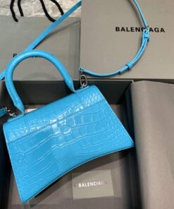 Replica Balenciaga 593546 Hourglass Small Top Handle Crocodile Bag Blue Silver 2