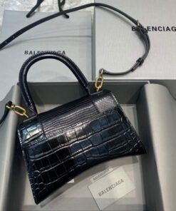 Replica Balenciaga 593546 Hourglass Small Top Handle Crocodile Bag Black Gold 2