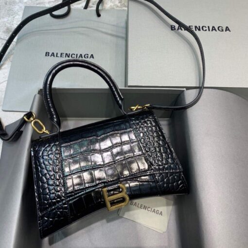 Replica Balenciaga 593546 Hourglass Small Top Handle Crocodile Bag Black Gold